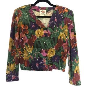 Lanz Orginals Vintage Cropped Tropical Floral Cardigan Button Front Size Small